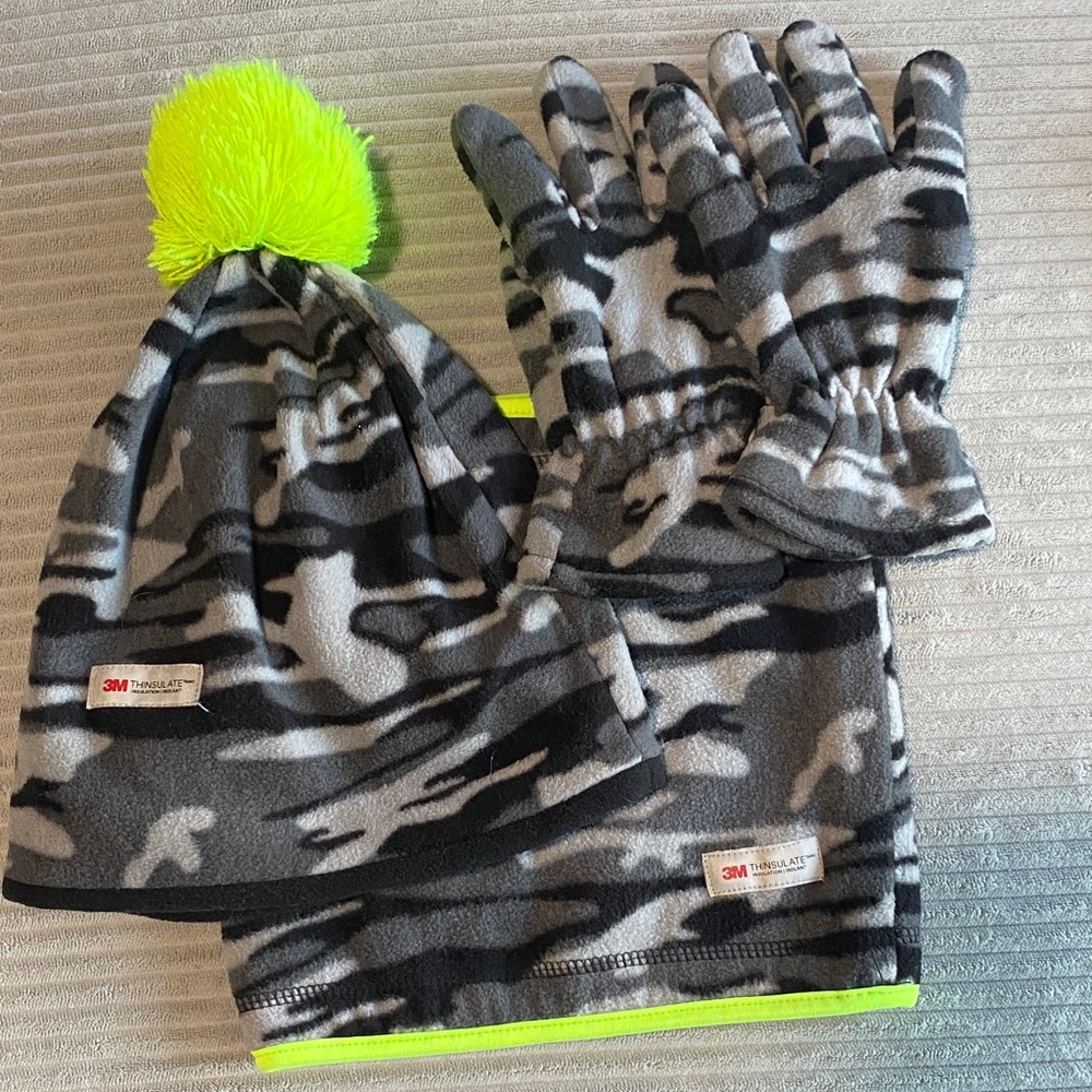 Neon Green Pom-Pom Camouflage Hat, Gloves, and Scarf Set